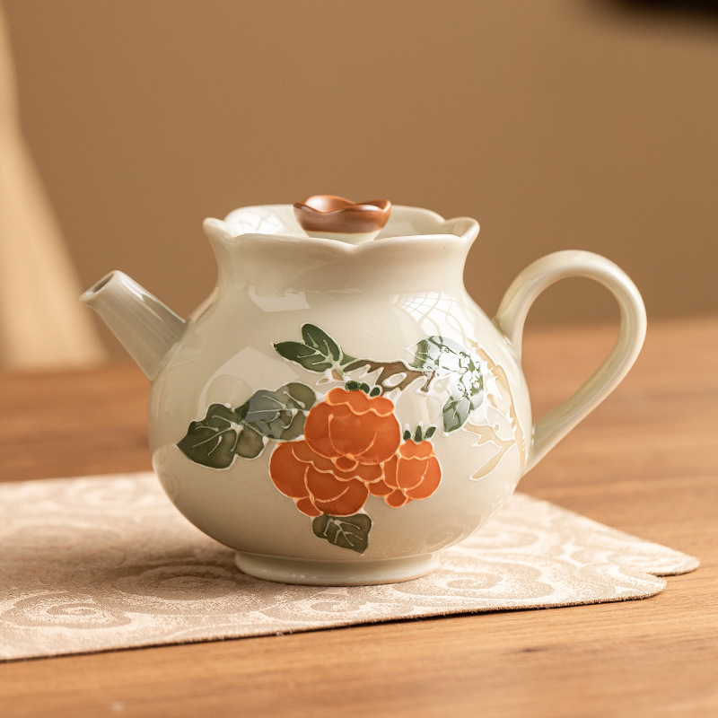 Vẽ tay quả hồng, quả hồng, nụ hoa, đống, bộ ấm trà gốm sứ chạm khắc, ấm đơn, dụng cụ pha trà Kung Fu gia dụng không nóng