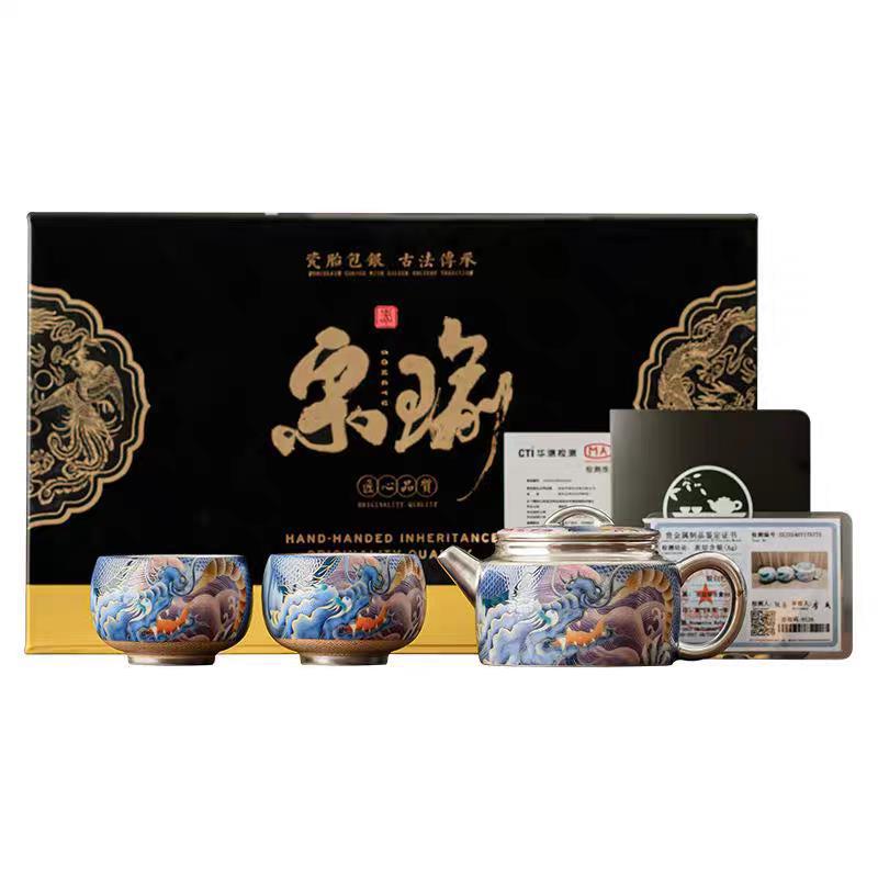 Bộ ấm chén bạc Song Yu 999 mạ vàng, rồng nhiều màu, một ấm hai chén, kèm hộp quà tặng và giấy chứng nhận, bộ ấm chén bạc nguyên chất.