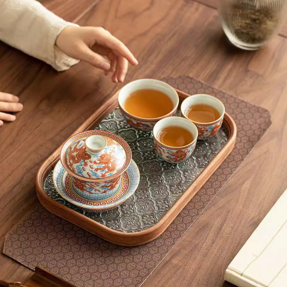 Dụng cụ pha trà bát có nắp ba tài hoa văn rồng Công Hồng dụng cụ pha trà dụng cụ pha trà công phu gốm sứ gia dụng
