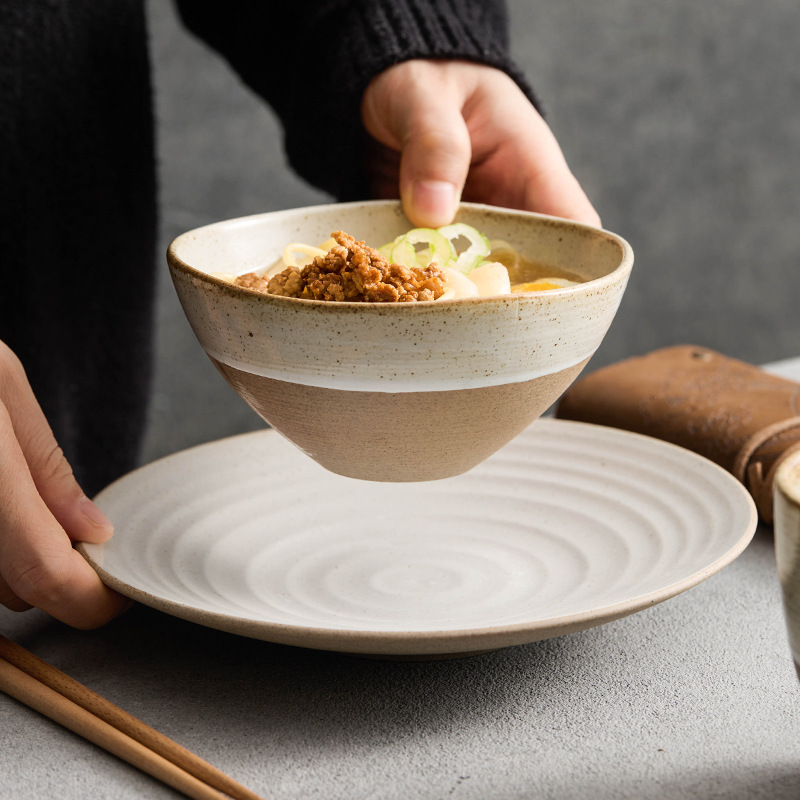 Bộ đồ ăn bằng gốm thô Bộ đồ ăn một người ăn tay kéo ren bát cơm gia dụng bát cơm bát cơm khách sạn bộ đồ bốn món