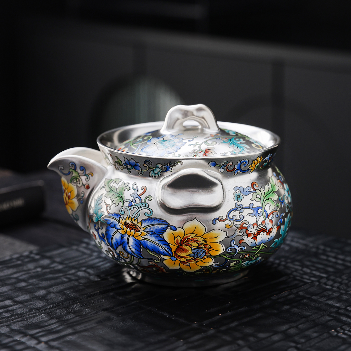 Bộ ấm chén bạc sterling mạ vàng, tráng men, họa tiết chỉ vàng, họa tiết rồng phượng, quà tặng sáng tạo