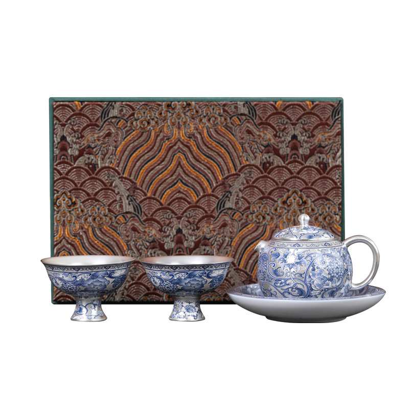 999 bạc một bình hai cốc gốm sứ trắng xanh hoa văn phong cách văn phòng quà tặng di động du lịch năm rồng bộ trà phong cách dân tộc