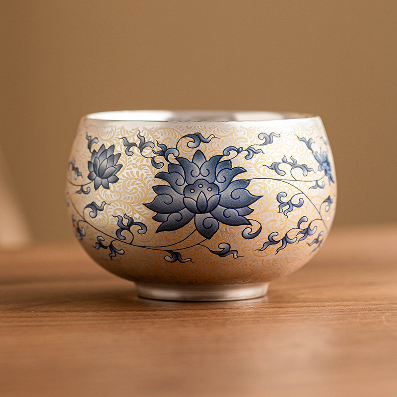 Hoa sen màu xanh và trắng vần mạ bạc cốc La Hán cốc chủ nhân gốm sứ cốc trà Kung Fu tách trà chén trà chén trà bộ trà sang trọng nhẹ chén trà