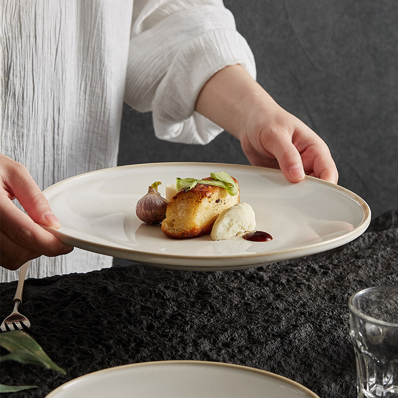 Đĩa phẳng biến đổi lò màu be, Đĩa nông, đĩa gốm sứ, đĩa rau, đĩa salad đồ tây sang trọng cao cấp gia dụng, đĩa mì Ý