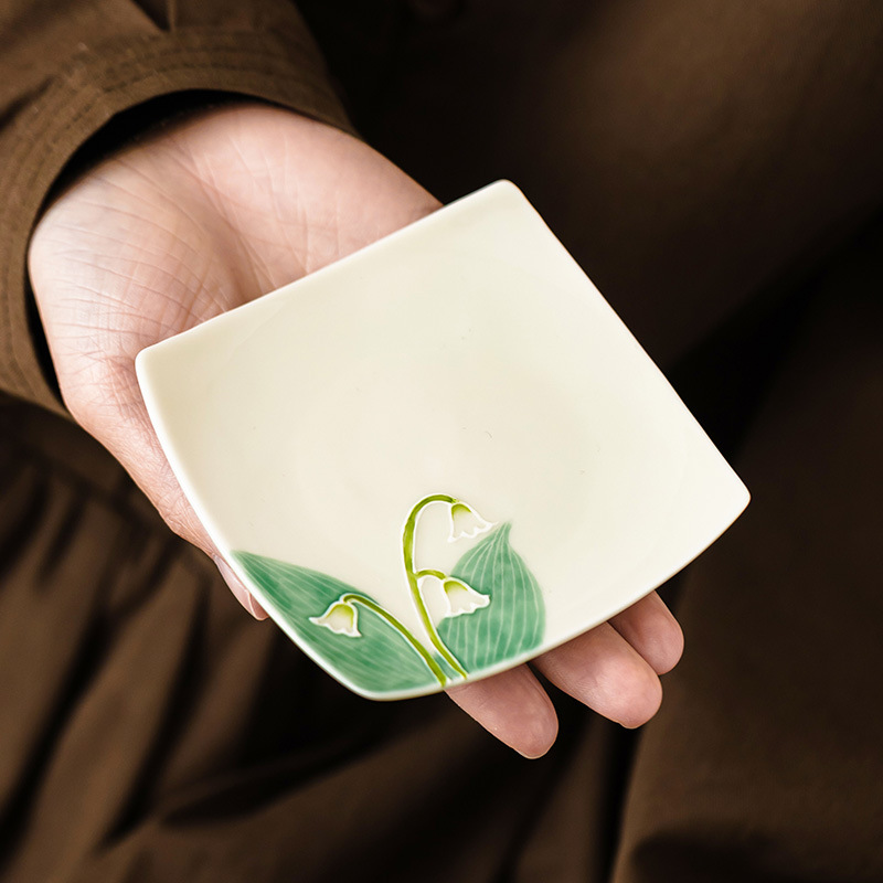 Tấm lót cốc vuông hình vuông hình quả ngọc lan vẽ tay, phụ kiện trà đạo gia dụng gốm sứ, tấm cách nhiệt chống thấm nước, khay đựng cốc trà, đĩa giải khát đơn