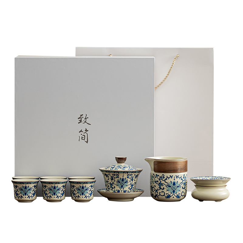 Bộ ấm trà Youfu màu xanh và trắng Ru Kiln Bộ ấm trà Trung Quốc gia dụng Bộ ấm trà có thể nâng cốc trà Bộ ấm trà Kung Fu