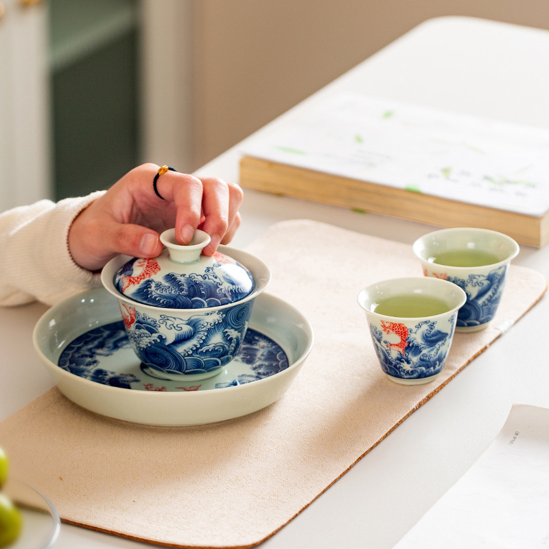 Bộ ấm chén trà Kung Fu cổ điển men gốm Sancai phủ men xanh trắng, có nắp, chén lớn, cao cấp, có thể để trên bàn