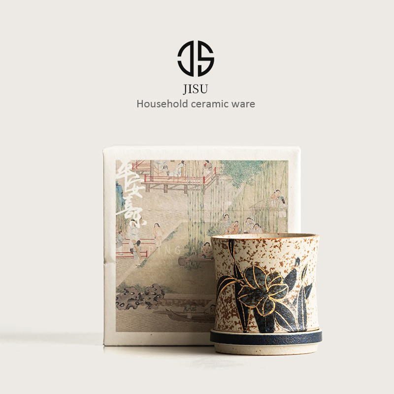 Cốc trà gốm sứ lớn cao cấp cốc chủ nhân màu xanh và trắng đá lửa đỏ vẽ tay hoa huệ quay cốc uống trà cốc trà