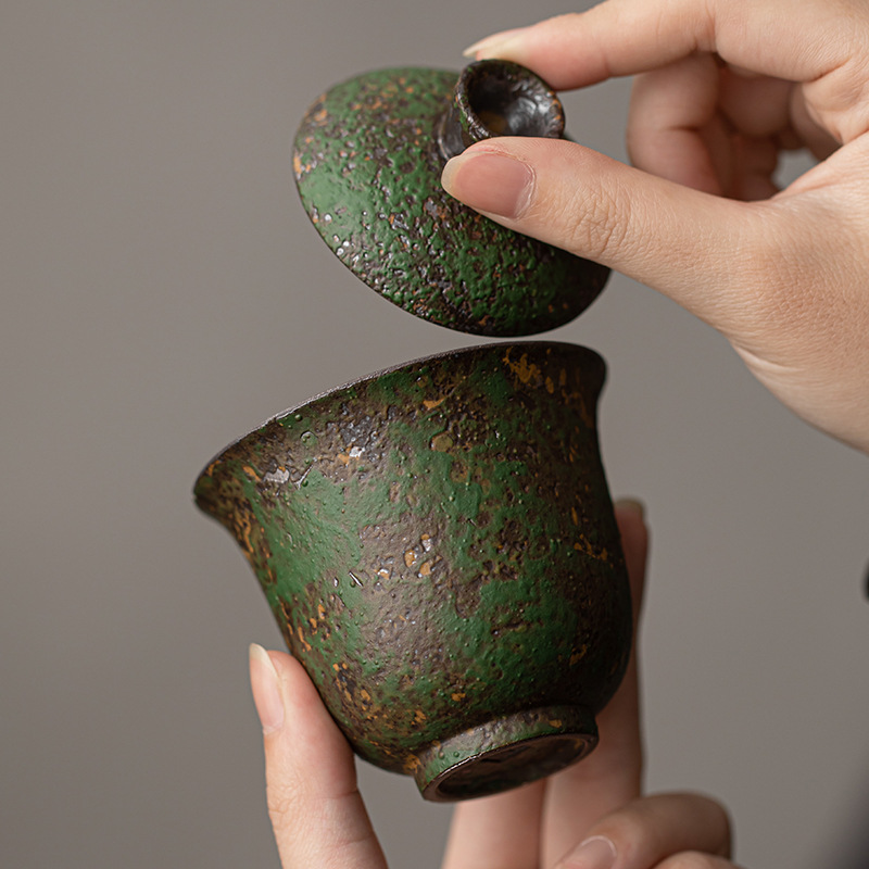 Xianzong Green Ercai Bát có nắp Cốc pha trà biến đổi lò bùn đá cổ cổ điển Cốc trà có nắp Bộ trà Kung Fu Bát trà đơn