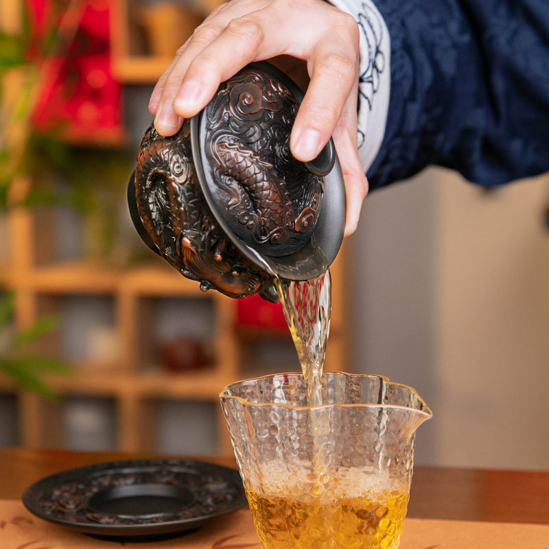 Bát nắp ba tài do gốm tím Tenglong treo hoàn toàn bằng tay đống bộ trà Kung Fu chạm khắc bát trà bát pha trà đơn cỡ lớn gia dụng