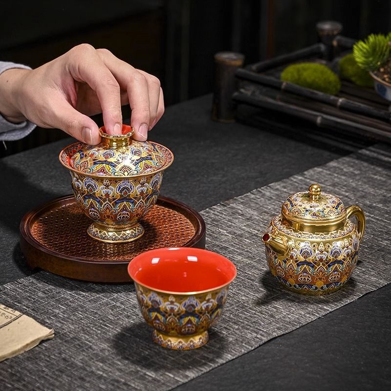 Bộ trà vàng 24k men cloisonné cao cấp, ấm Xi Shi, bát có nắp, cốc chủ nhân, bộ trà gốm sứ ấn tượng Đôn Hoàng bán buôn