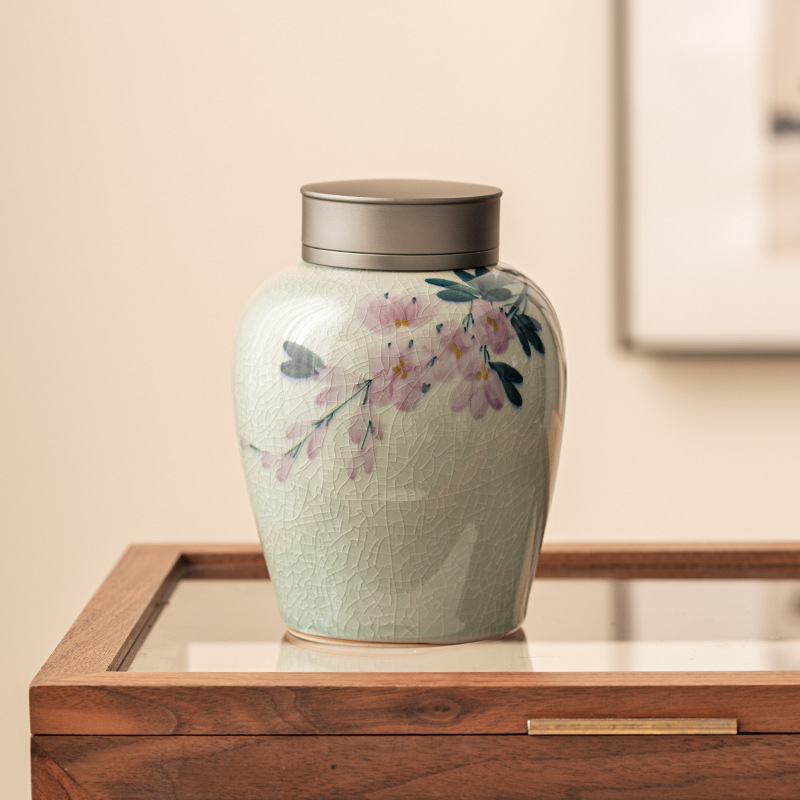 Bình trà vẽ tay tinh khiết tráng men Borneol, bình gốm sứ gia dụng, bình đựng trà hoa trà chống ẩm cầm tay mini