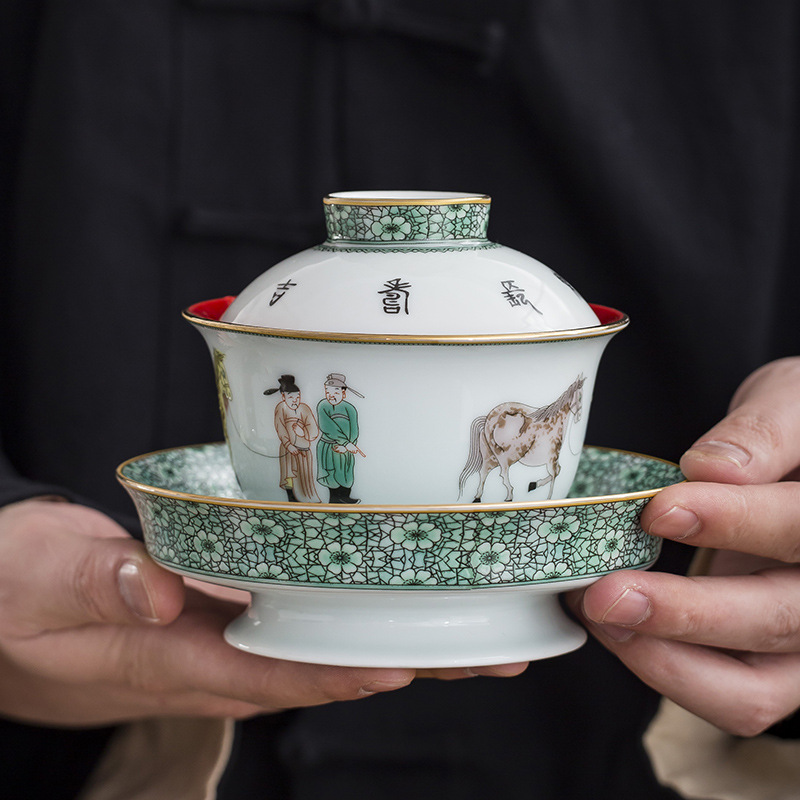 Jingdezhen cổ điển cỡ lớn bát có nắp ba tài dụng cụ pha trà cao cấp bát pha trà bát ly trà sứ