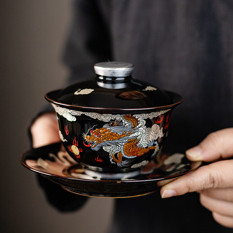 Bát có nắp tam tài phong cách cung điện rồng phượng tráng men sang trọng Bát pha trà gia dụng cỡ lớn Bát pha trà gốm sứ Kung Fu