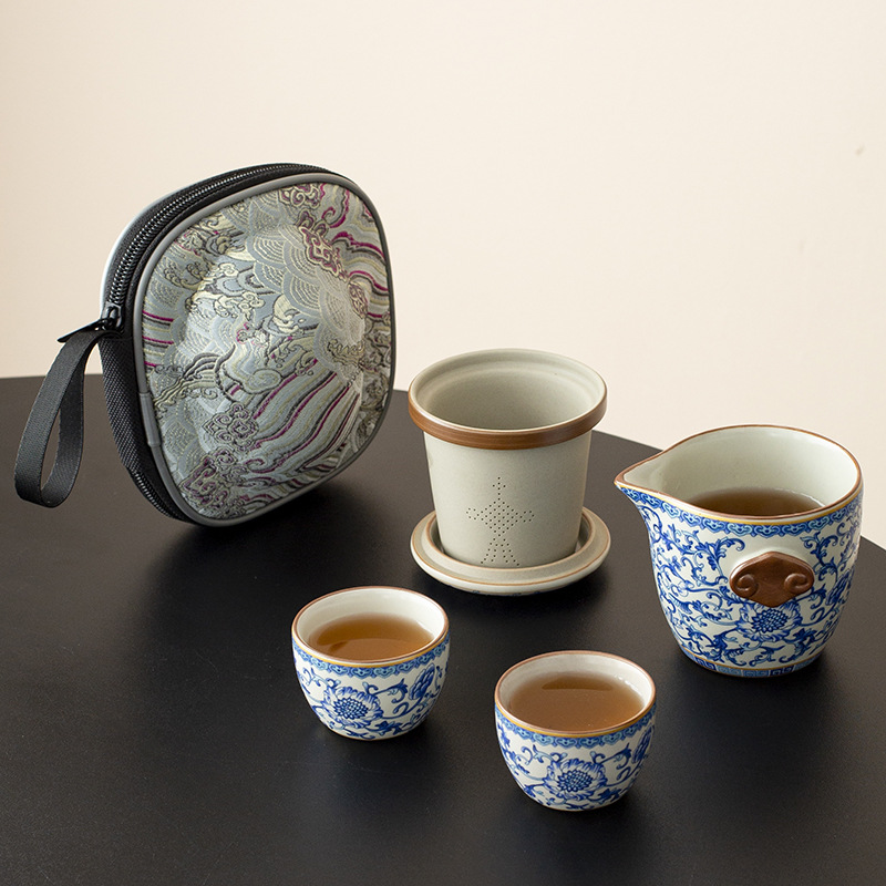 Bộ trà du lịch tráng men thủy triều văn hóa và sáng tạo Bộ trà pha trà một ấm ba tách Bộ quà tặng cắm trại xách tay