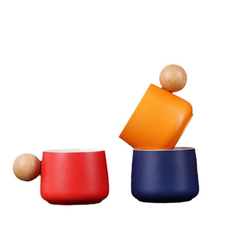 Cốc cà phê gốm màu macaron, cốc nước cá nhân hóa tay cầm bằng gỗ hình cầu, cốc tinh tế, logo in ấn kinh doanh