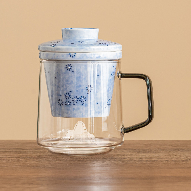 Cốc mug hoa cúc xanh có nắp, cốc tách trà có giá trị cao, cốc thủy tinh vẽ tay tinh tế, cốc pha trà