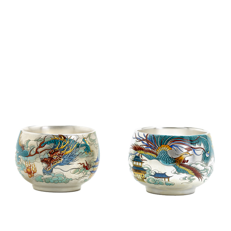 Bộ ấm chén trà Kung Fu cao cấp Dongkun Longfeng, chén đôi mạ vàng bạc, chén lớn, chén đơn, hộp quà tặng, quà lưu niệm cao cấp