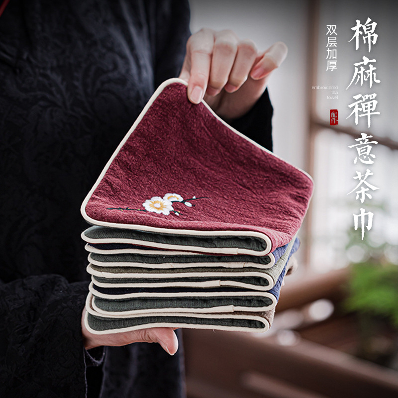 Khăn trà Zen cotton và lanh dày hai lớp, Khăn trà vẽ tay, khăn làm sạch tốt hút nước, không pha trà đạo