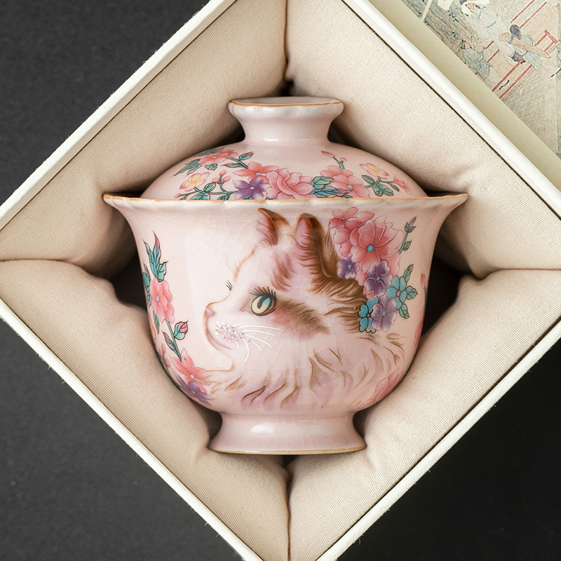 Ru Kiln Hoa Mèo Họa Tiết Hoa Miệng Bát Có Chân Cao, Tách Trà Gốm Ru Màu Hồng, Đơn Có Nắp, Bộ Pha Trà Gia Đình Cho Nữ, Kích Thước Lớn.