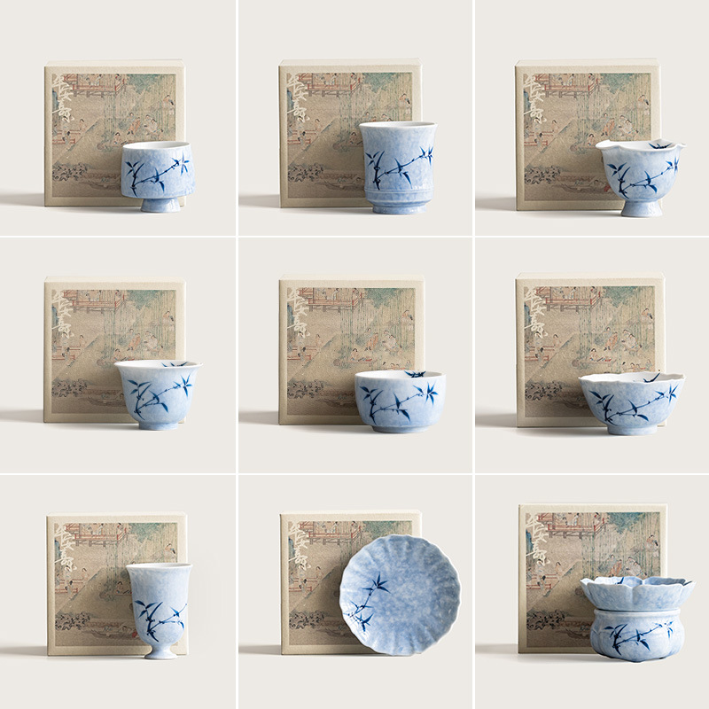 Bộ dụng cụ pha trà Kung Fu bằng tre mực vẽ tay sản phẩm duy nhất cốc chủ nhân gia dụng tách trà cốc trà ấm trà nắp bát phụ kiện trà đạo