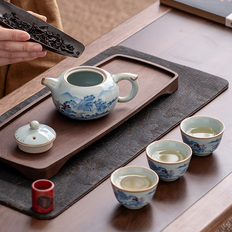 Bộ ấm trà lò Ru kiểu Trung Quốc mới bộ lớn bát có nắp ba tài, gốm sứ mở lát, ấm Xixi Shi, chén trà, quà lưu niệm