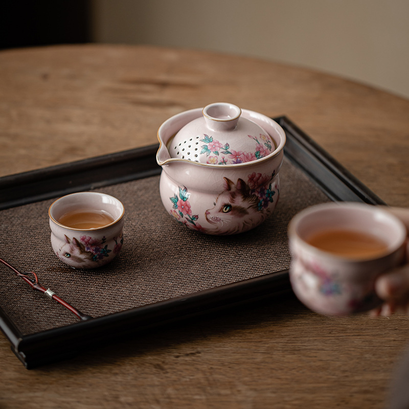 Bộ trà du lịch bầu mèo hồng, một ấm hai cốc gốm sứ, cốc khách nhanh di động, trà du lịch ngoài trời