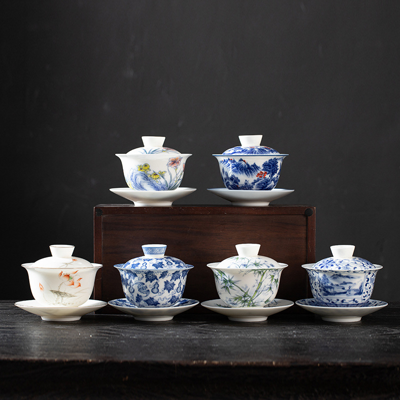 Jingdezhen Ercai có nắp, sứ trắng xanh vẽ tay, hình ảnh Fulu, chén trà tráng men gốm cao cấp đơn, cốc pha trà Kung Fu
