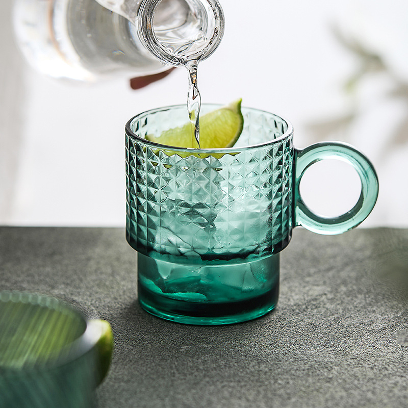 Cốc thủy tinh màu xanh đậm cốc uống nước dung tích lớn gia dụng cho bé gái có giá trị cao có tay cầm gấp cốc uống cà phê