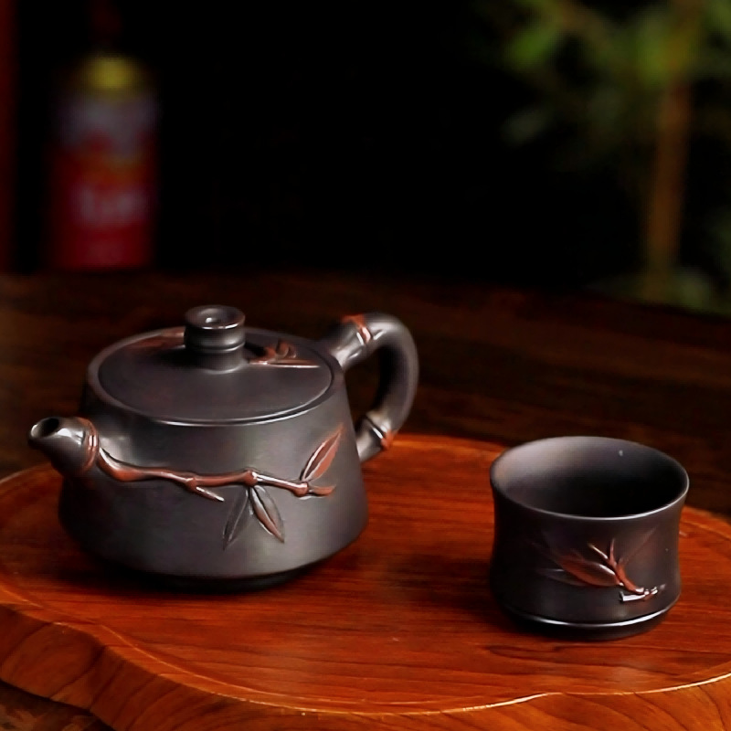 Ấm pha trà gốm tím một ấm hai chén ấm trà gia dụng ấm tre bộ trà Trung Quốc cao cấp sang trọng nhẹ bộ bao bì hộp quà tặng