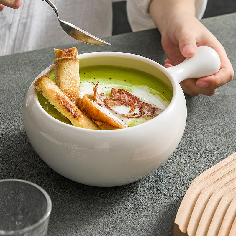 Cốc có tay cầm màu trắng, bát ăn sáng dung tích lớn, bát salad gốm sứ nghệ thuật nhà hàng khách sạn, bát mì súp, cùng phong cách với khách sạn.