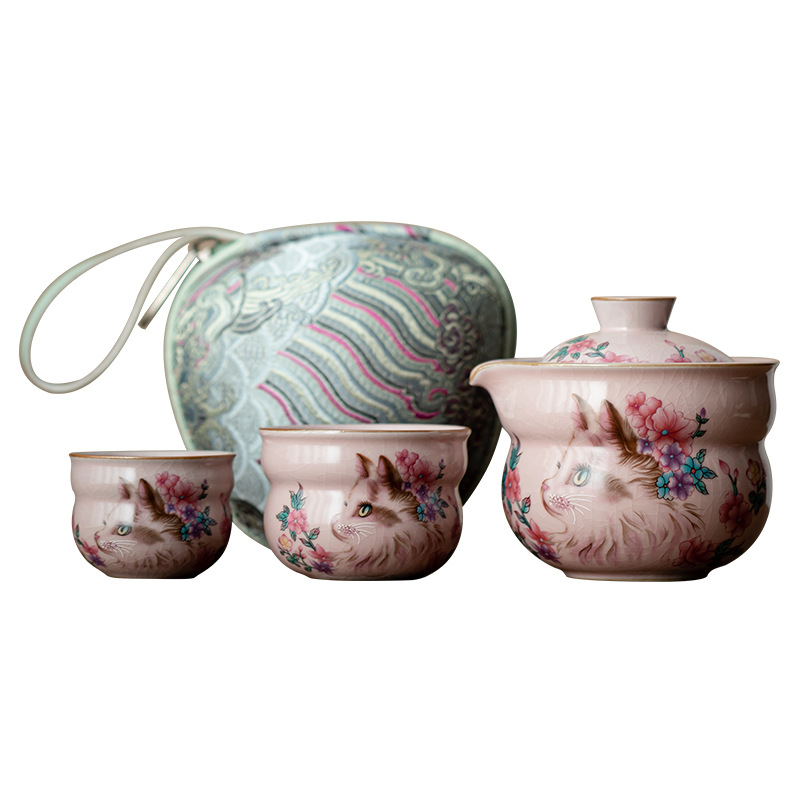 Bộ trà du lịch bầu mèo hồng, một ấm hai cốc gốm sứ, cốc khách nhanh di động, trà du lịch ngoài trời