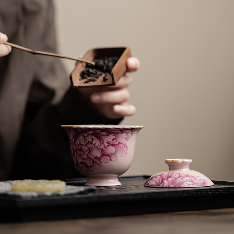 Bát có nắp ren lò Ru màu hồng Bộ ấm trà Kung Fu gốm sứ gia dụng Bát pha trà đơn có thể mở lát để nâng bát có nắp thứ hai