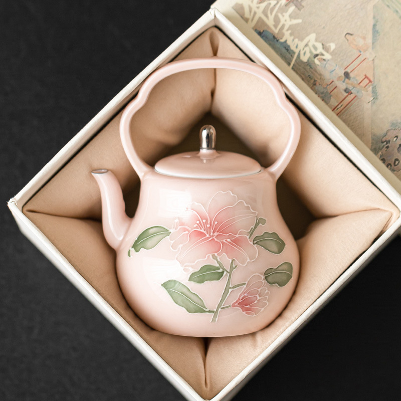 Chậu cầm xà chạm khắc hoa huệ hồng vẽ tay ấm trà gốm sứ vẽ tay gia dụng ấm trà đơn bộ trà cao cấp có lọc ấm pha trà