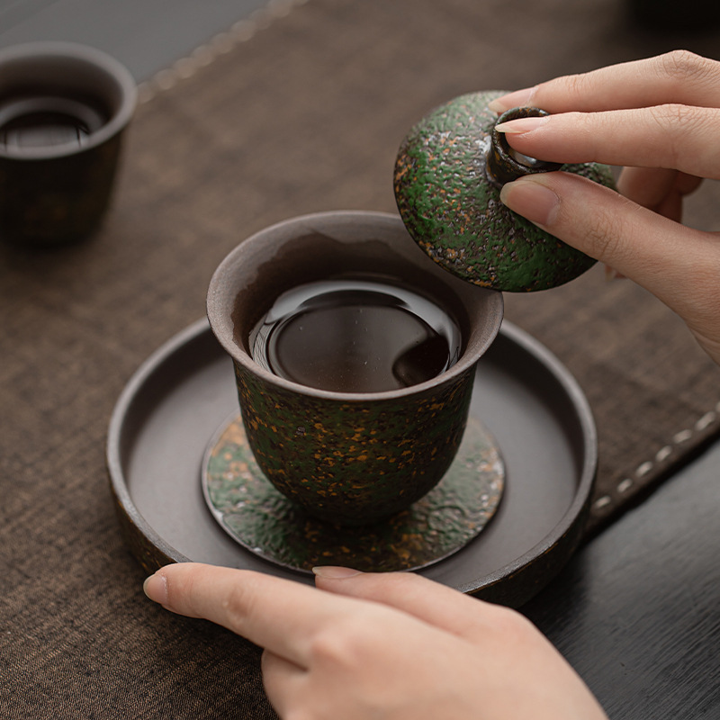 Xianzong Green Ercai Bát có nắp Cốc pha trà biến đổi lò bùn đá cổ cổ điển Cốc trà có nắp Bộ trà Kung Fu Bát trà đơn