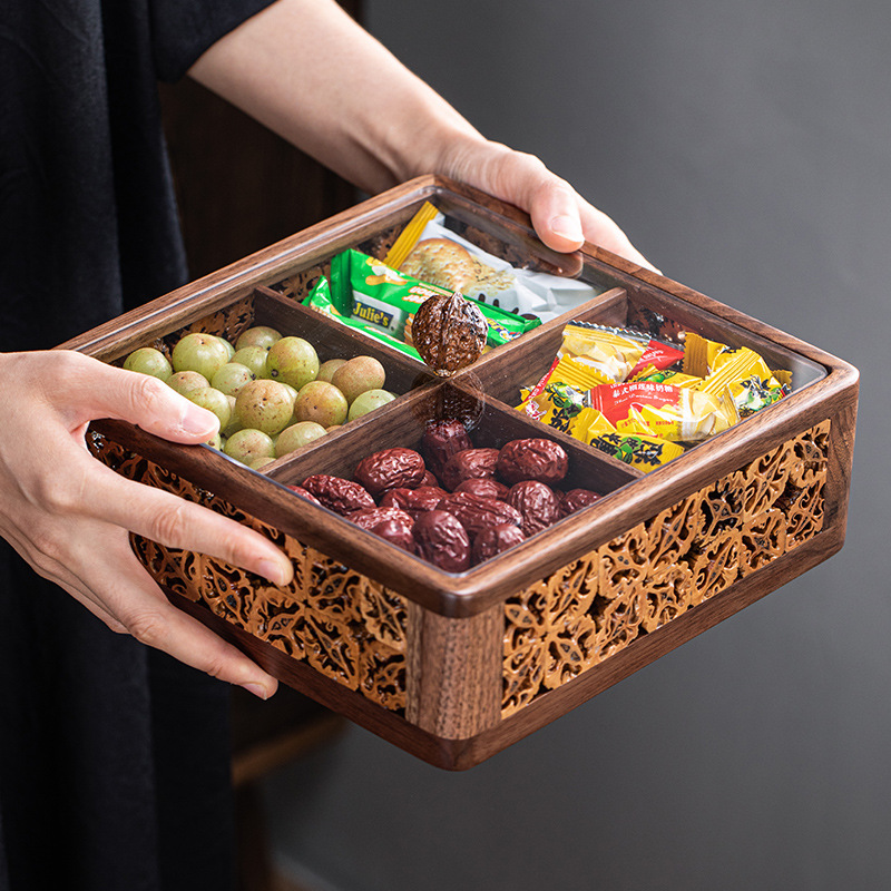 Đĩa trái cây có ngăn bằng Gỗ Óc Chó Đĩa trái cây tre Đĩa trái cây ăn vặt Hộp đựng đồ kẹo Đĩa trái cây khô Có Nắp Hộp đựng đồ Bộ trà