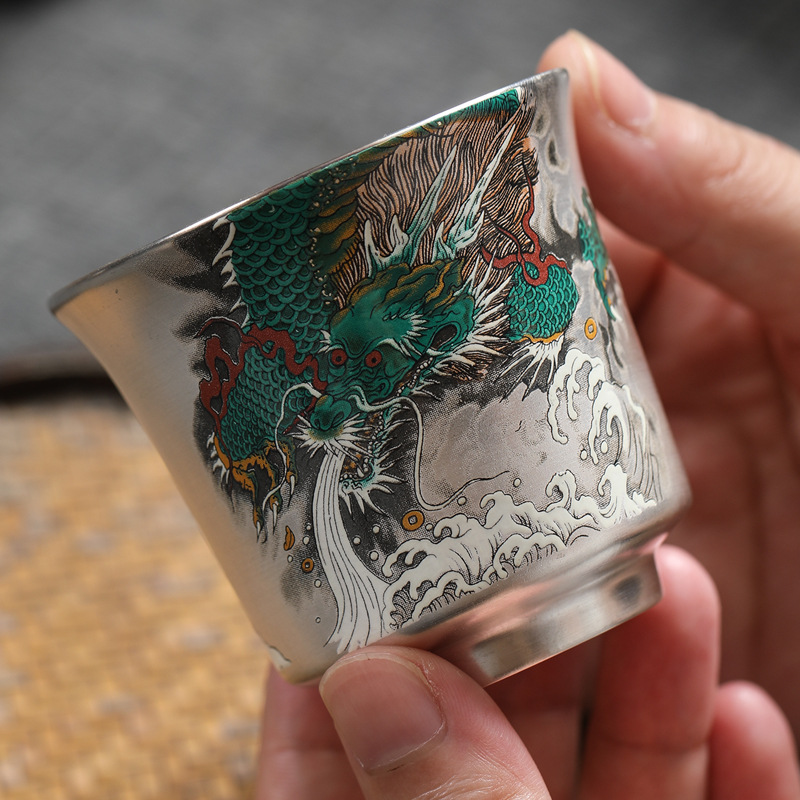 Bộ tách trà chủ nhân cỡ lớn thủ công mạ bạc gia dụng Bộ trà Kung Fu cao cấp Chén trà mạ bạc Thanh Long