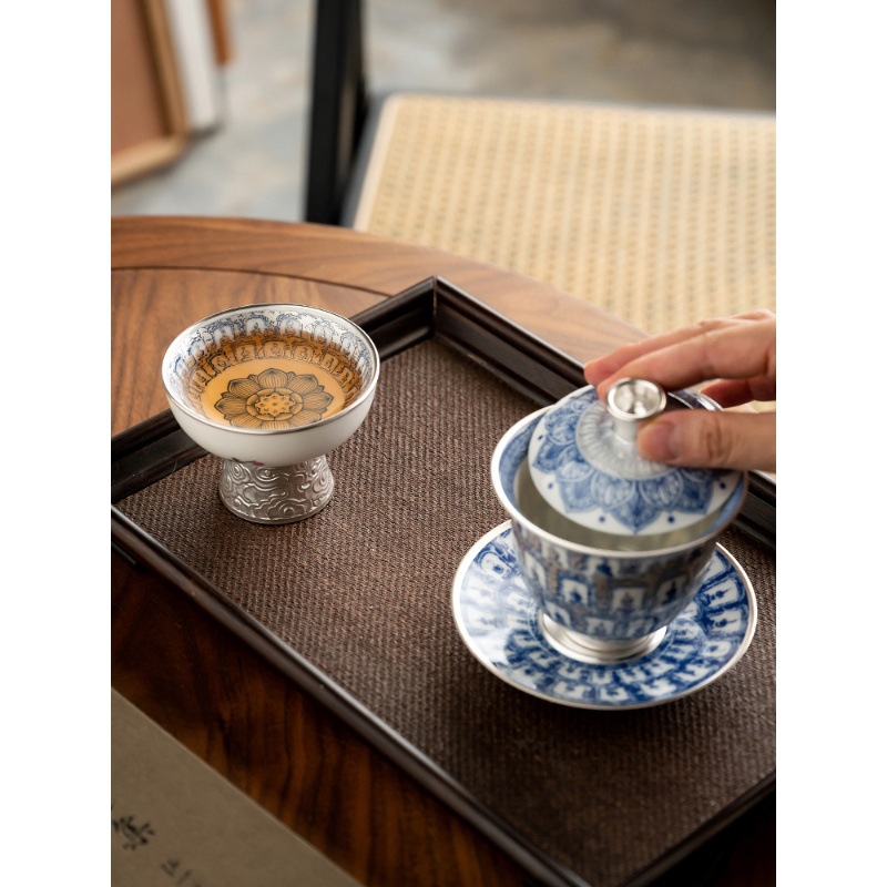 Ấm trà bạc nguyên chất He Fusen Ấm pha trà xanh trắng Vạn Phật ở Động Đôn Hoàng