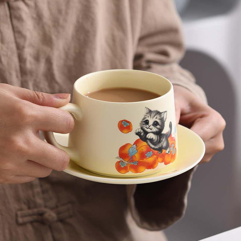 Cốc cà phê vẽ tay gốm sứ hồng mèo cốc lọc cốc trà gia dụng bộ đĩa cốc trà chiều văn phòng