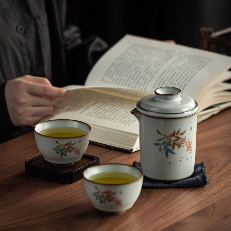 Bộ ấm chén trà Ru Kiln kiểu Nhật, di động, du lịch ngoài trời, một ấm hai chén, gốm sứ, kiểu Kung Fu, men nứt