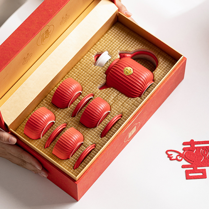 Bộ ấm trà đám cưới, bộ ấm trà gia dụng, tách trà, lễ cưới màu đỏ, bộ trà, quà tặng đám cưới lễ hội