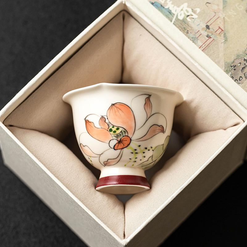Cốc trà gốm sứ, cốc hoa sen vẽ tay cỡ lớn, cốc đặc biệt uống trà, cốc trà Kung Fu, cốc chủ nhân