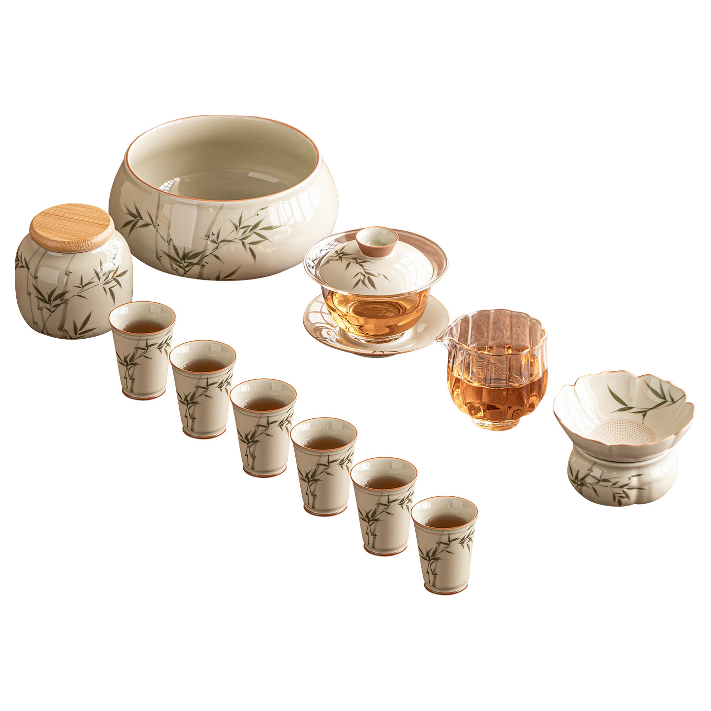 Bộ trà Kung Fu bằng tre xanh ngọc bích vẽ tay cốc trà bát nắp cao cấp gốm sứ mẫu mới 2025 chuyên dùng pha trà gia dụng