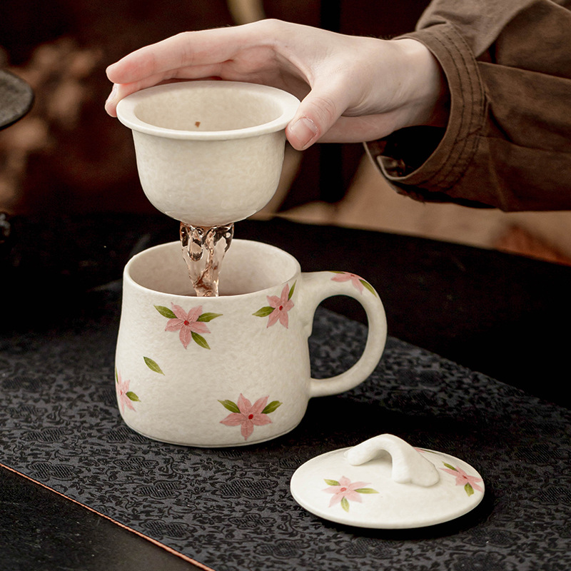 Cốc văn phòng hoa anh đào trắng khai thác đá cốc tách nước trà cốc gốm sứ vẽ tay gia dụng cốc trà văn phòng có nắp