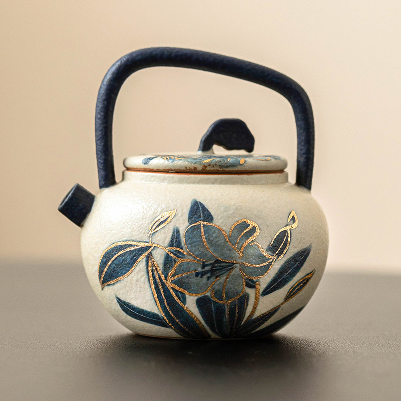 Ấm trà gốm sứ đá lửa trắng xanh, ấm cầm chùm hoa huệ vẽ tay bằng vàng, dụng cụ pha trà Kung Fu gia dụng, ấm đơn có lọc