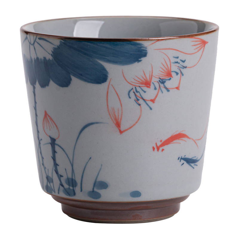 Cốc Trà Hoa sen màu xanh trắng vẽ tay kiểu Trung Quốc cốc chủ nhân tráng men cổ kính Bộ trà Kungfu gia dụng cốc đơn