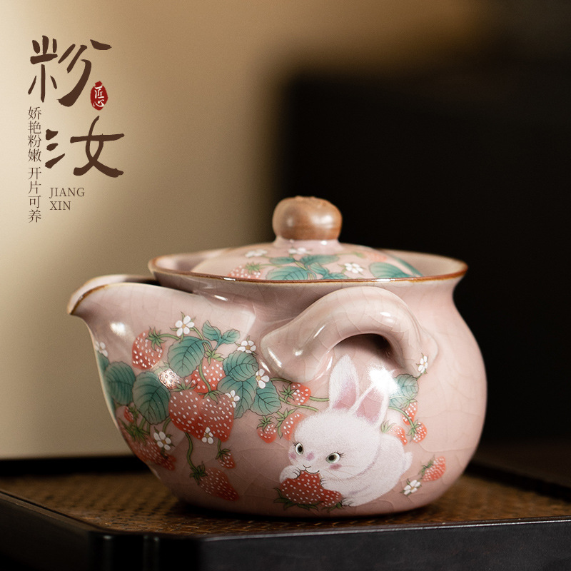 Ấm cầm tay gốm sứ Thỏ Dâu Tây lò Fenru, bát trà gia dụng dung tích lớn, dụng cụ pha trà đơn, ấm đơn trà