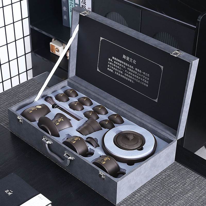 Bộ ấm trà công phu màu tím cát ấm trà gốm sứ đơn giản phòng khách văn phòng gia dụng khay trà hộp quà 2025