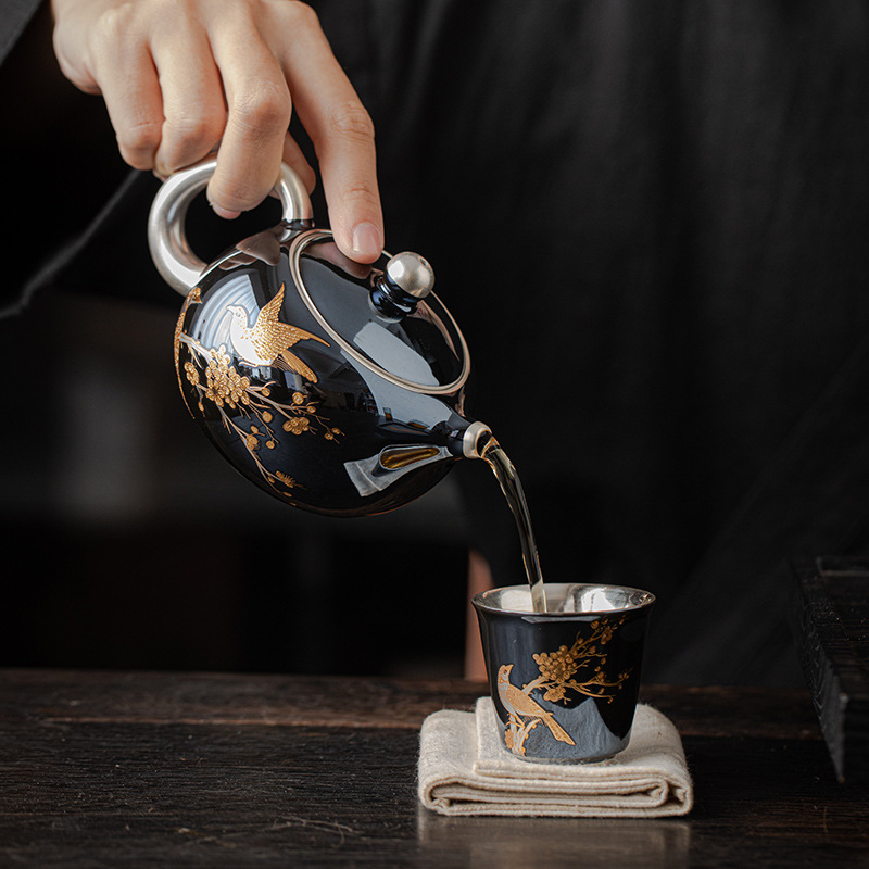 Da'antang bán buôn ấm Xishi lông mày ấm trà mạ bạc thủ công ấm trà Kung Fu tráng men ngọc trai hộp quà