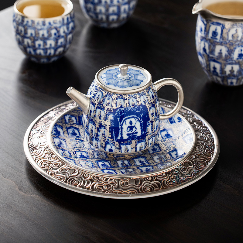 He Fusen màu xanh và trắng mạ bạc Đôn Hoàng Ngàn Phật ấm trà Bộ ấm trà Quà tặng sinh nhật cho người lớn tuổi